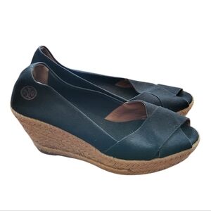 TORY BURCH Filipa Canvas Espadrille Wedge Peep Toe Cutout Size 10